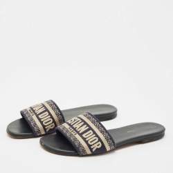 Dior Black/White Embroidered Canvas Dway Flats Slides Size 36.5