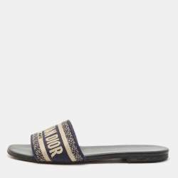 Dior Black/White Embroidered Canvas Dway Flats Slides Size 36.5