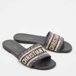 Dior Black/White Embroidered Canvas Dway Flats Slides Size 36.5