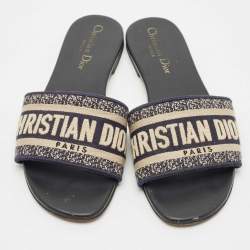 Dior Black/White Embroidered Canvas Dway Flats Slides Size 36.5