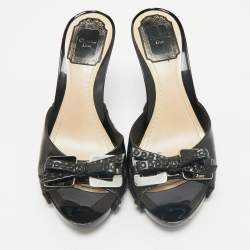 Dior Black Patent Leather Bow Slide Sandals Size 37