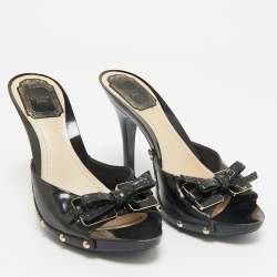 Dior Black Patent Leather Bow Slide Sandals Size 37