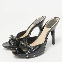 Dior Black Patent Leather Bow Slide Sandals Size 37
