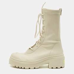 Dior Off White Leather D-Major Lace Up Combat Boots Size 38
