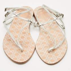 Dior Silver Leather Crystal Embellished Logo Thong Ankle Strap Flat Sandals Size 38