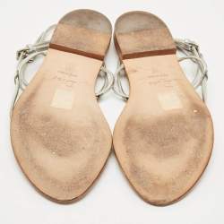 Dior Silver Leather Crystal Embellished Logo Thong Ankle Strap Flat Sandals Size 38