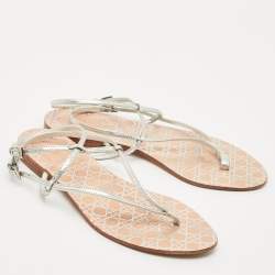 Dior Silver Leather Crystal Embellished Logo Thong Ankle Strap Flat Sandals Size 38