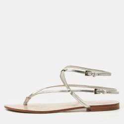 Dior Silver Leather Crystal Embellished Logo Thong Ankle Strap Flat Sandals Size 38