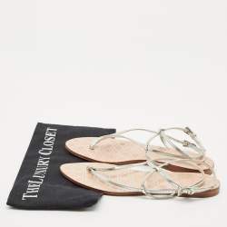 Dior Silver Leather Crystal Embellished Logo Thong Ankle Strap Flat Sandals Size 38