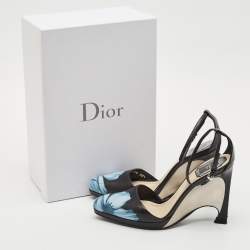 Dior Black Floral Print Leather Optique Wedge Ankle Strap Sandals Size 38.5