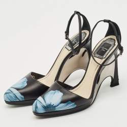 Dior Black Floral Print Leather Optique Wedge Ankle Strap Sandals Size 38.5