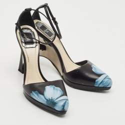 Dior Black Floral Print Leather Optique Wedge Ankle Strap Sandals Size 38.5