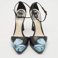 Dior Black Floral Print Leather Optique Wedge Ankle Strap Sandals Size 38.5