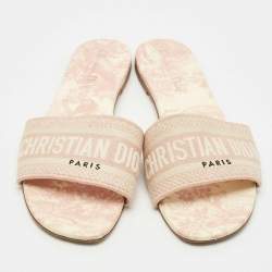 Dior Pink/Cream Embroidered Canvas Dway Flat Slides Size 40.5