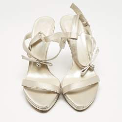Dior Off White Satin Crystals Bow Ankle Strap Sandals Size 38