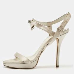 Dior Off White Satin Crystals Bow Ankle Strap Sandals Size 38