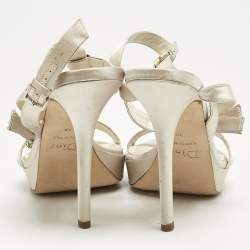 Dior Off White Satin Crystals Bow Ankle Strap Sandals Size 38