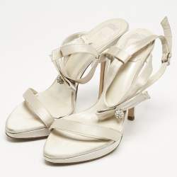 Dior Off White Satin Crystals Bow Ankle Strap Sandals Size 38