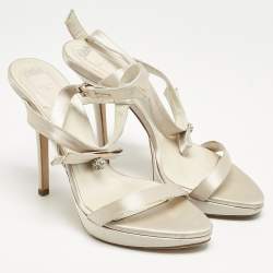 Dior Off White Satin Crystals Bow Ankle Strap Sandals Size 38