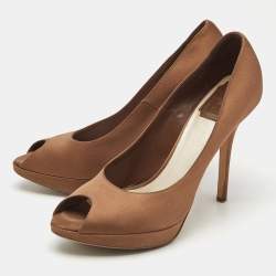 Dior Brown Satin Miss Dior Peep Toe Pumps Size 39.5