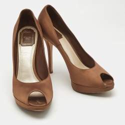 Dior Brown Satin Miss Dior Peep Toe Pumps Size 39.5