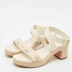 Dior Grey/Beige Leather and Canvas Dway Block Heel Ankle Strap Sandals Size 41