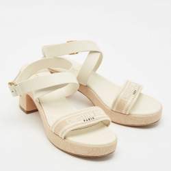 Dior Grey/Beige Leather and Canvas Dway Block Heel Ankle Strap Sandals Size 41