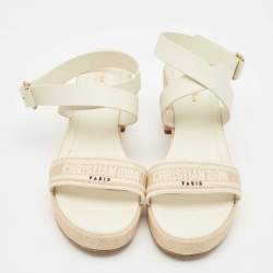Dior Grey/Beige Leather and Canvas Dway Block Heel Ankle Strap Sandals Size 41