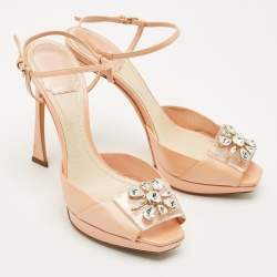 Dior Beige/Transparent  Leather Crystal Embellished Ankle Strap Sandals Size 37