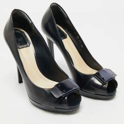 Dior Navy Blue Leather Logo Plaque Peep Toe Pumps Size 38