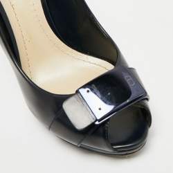 Dior Navy Blue Leather Logo Plaque Peep Toe Pumps Size 38