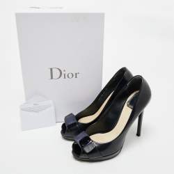 Dior Navy Blue Leather Logo Plaque Peep Toe Pumps Size 38