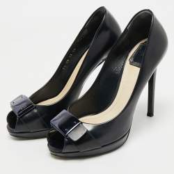 Dior Navy Blue Leather Logo Plaque Peep Toe Pumps Size 38