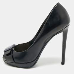 Dior Navy Blue Leather Logo Plaque Peep Toe Pumps Size 38