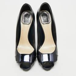 Dior Navy Blue Leather Logo Plaque Peep Toe Pumps Size 38