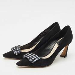 Dior Black/White Suede Houndstooth Buckle Pointed Toe Pumps Size 37.5