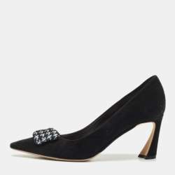 Dior Black/White Suede Houndstooth Buckle Pointed Toe Pumps Size 37.5