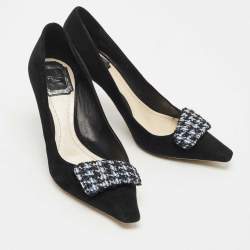 Dior Black/White Suede Houndstooth Buckle Pointed Toe Pumps Size 37.5