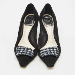 Dior Black/White Suede Houndstooth Buckle Pointed Toe Pumps Size 37.5