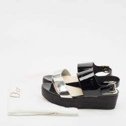 Pre Owned Dior Silver/Black Leather and Patent Platform Wedge Sandals Size 39