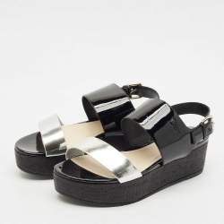 Pre Owned Dior Silver/Black Leather and Patent Platform Wedge Sandals Size 39