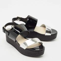 Pre Owned Dior Silver/Black Leather and Patent Platform Wedge Sandals Size 39