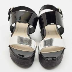 Pre Owned Dior Silver/Black Leather and Patent Platform Wedge Sandals Size 39