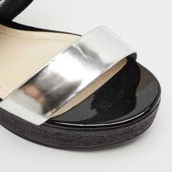 Pre Owned Dior Silver/Black Leather and Patent Platform Wedge Sandals Size 39