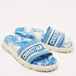 Pre Owned Dior Blue/White Toile De Jouy Embroidered Canvas Dway Flat Slides Size 36.5
