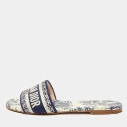 Dior Navy Blue/White Embroidered Canvas Dway Flat Slides Size 39