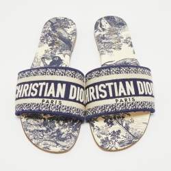 Pre Owned Dior Navy Blue/White Embroidered Canvas Dway Flat Slides Size 39