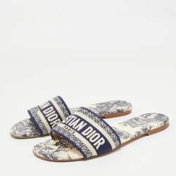 Pre Owned Dior Navy Blue/White Embroidered Canvas Dway Flat Slides Size 39