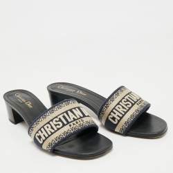 Dior Navy Blue Embroidered Canvas Dway Slide Sandals Size 38.5