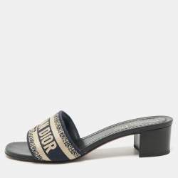 Dior Navy Blue Embroidered Canvas Dway Slide Sandals Size 38.5